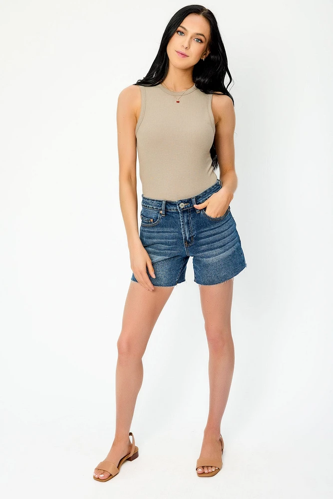 Almost Famous Dark Wash High-Rise Short with Frayed Hem