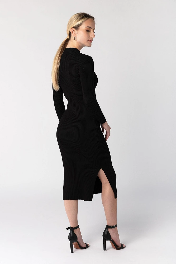 Mockneck Midi Dress with Slide Slits and 3/4 Sleeve