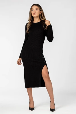 Ribbed Long Sleeve Dress with Button Detail