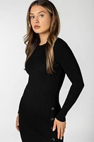 Ribbed Long Sleeve Dress with Button Detail