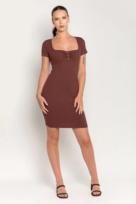 Short Sleeve Bodycon Dress with Sweetheart Neckline and Picot Trim