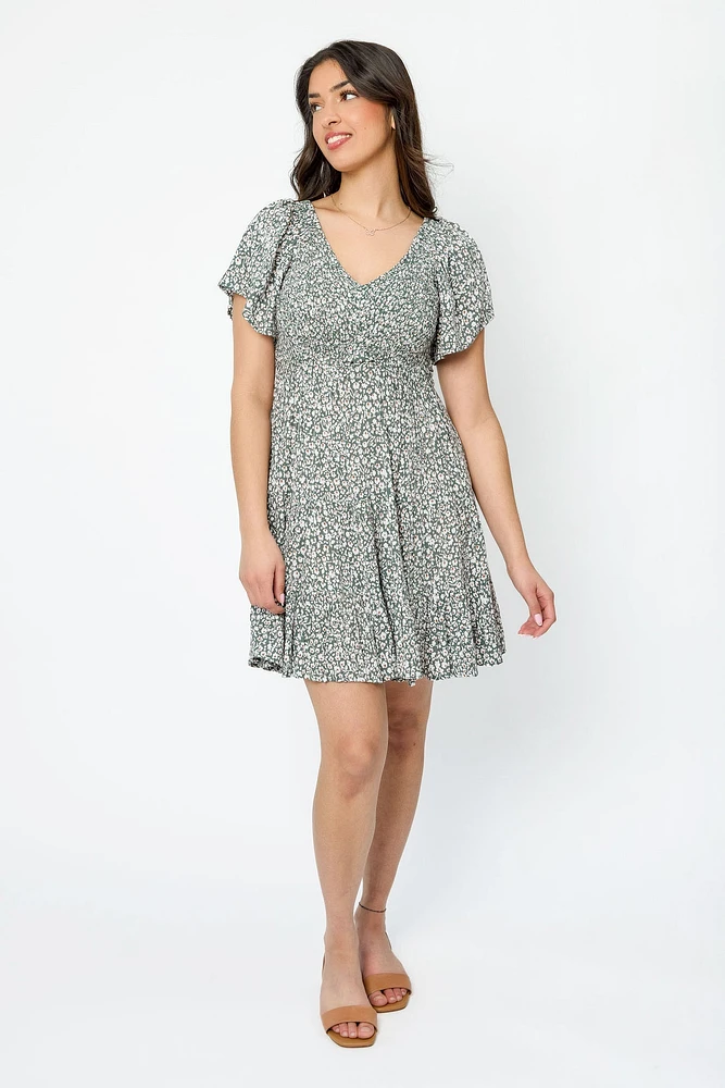 Ditsy Bell-Sleeve V-Neck Babydoll Dress