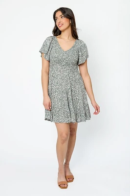Ditsy Bell-Sleeve V-Neck Babydoll Dress