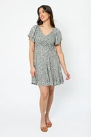 Ditsy Bell-Sleeve V-Neck Babydoll Dress