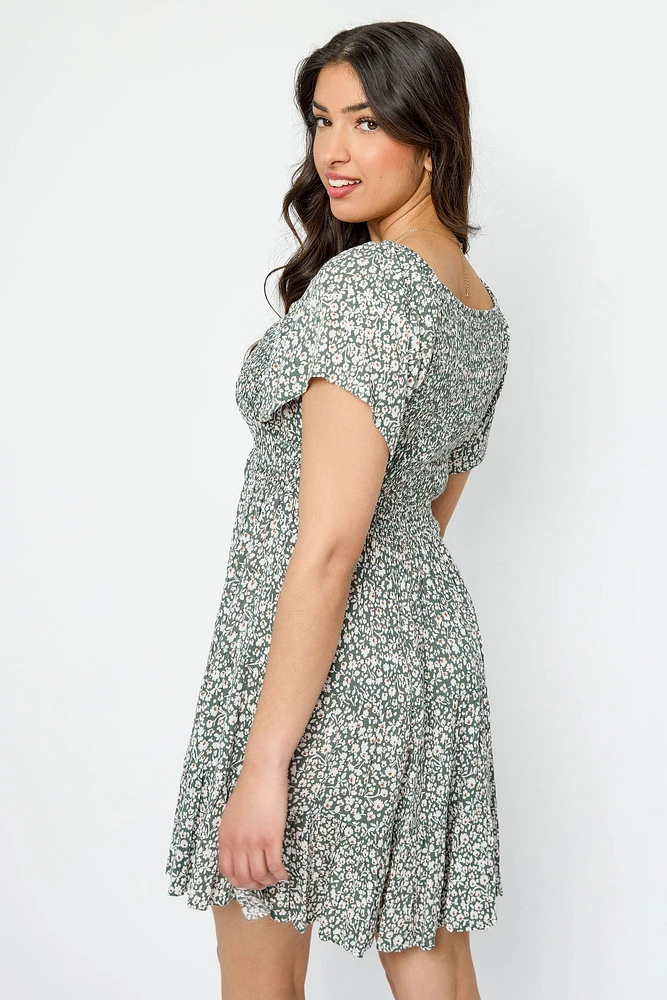 Ditsy Bell-Sleeve V-Neck Babydoll Dress