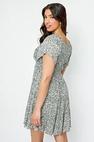 Ditsy Bell-Sleeve V-Neck Babydoll Dress