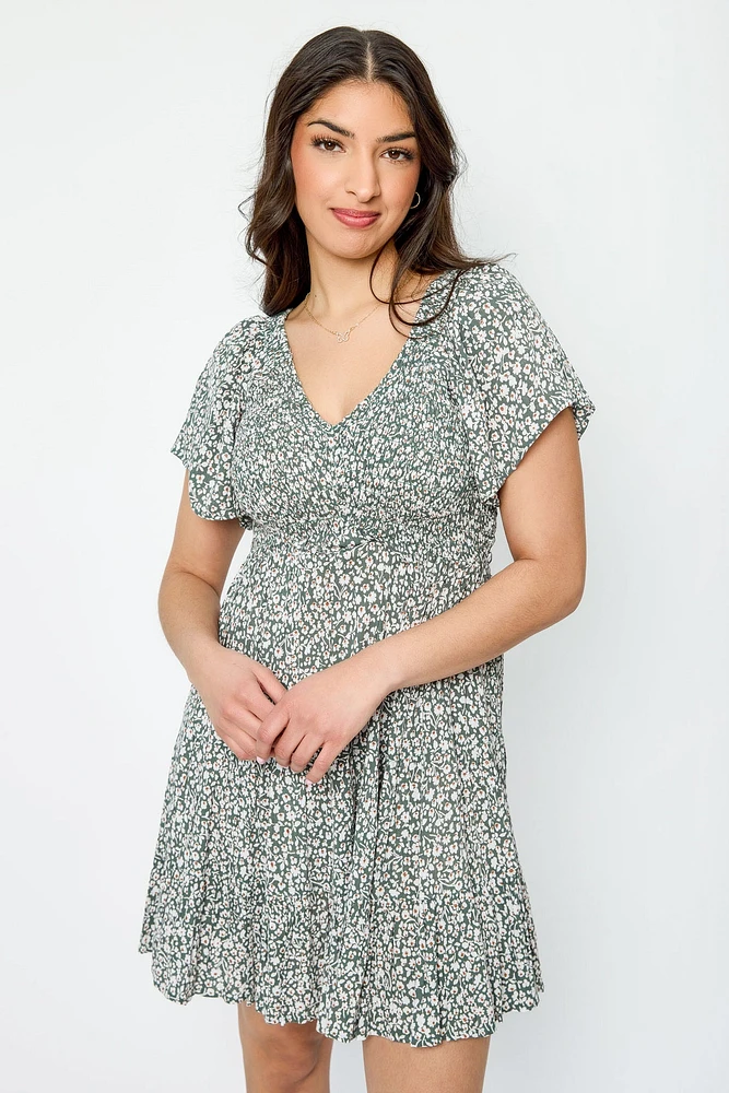 Ditsy Bell-Sleeve V-Neck Babydoll Dress