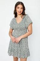 Ditsy Bell-Sleeve V-Neck Babydoll Dress