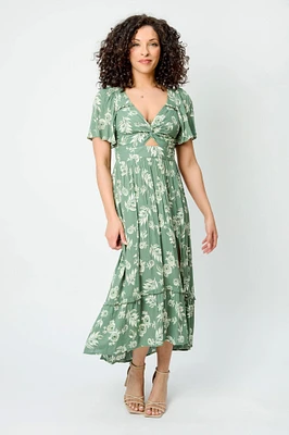 Floral Knotted V-Neck Bell Sleeve High-Low Maxi Dress with Cut-Out