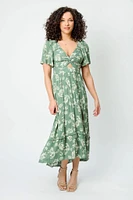 Floral Knotted V-Neck Bell Sleeve High-Low Maxi Dress with Cut-Out
