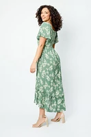Floral Knotted V-Neck Bell Sleeve High-Low Maxi Dress with Cut-Out