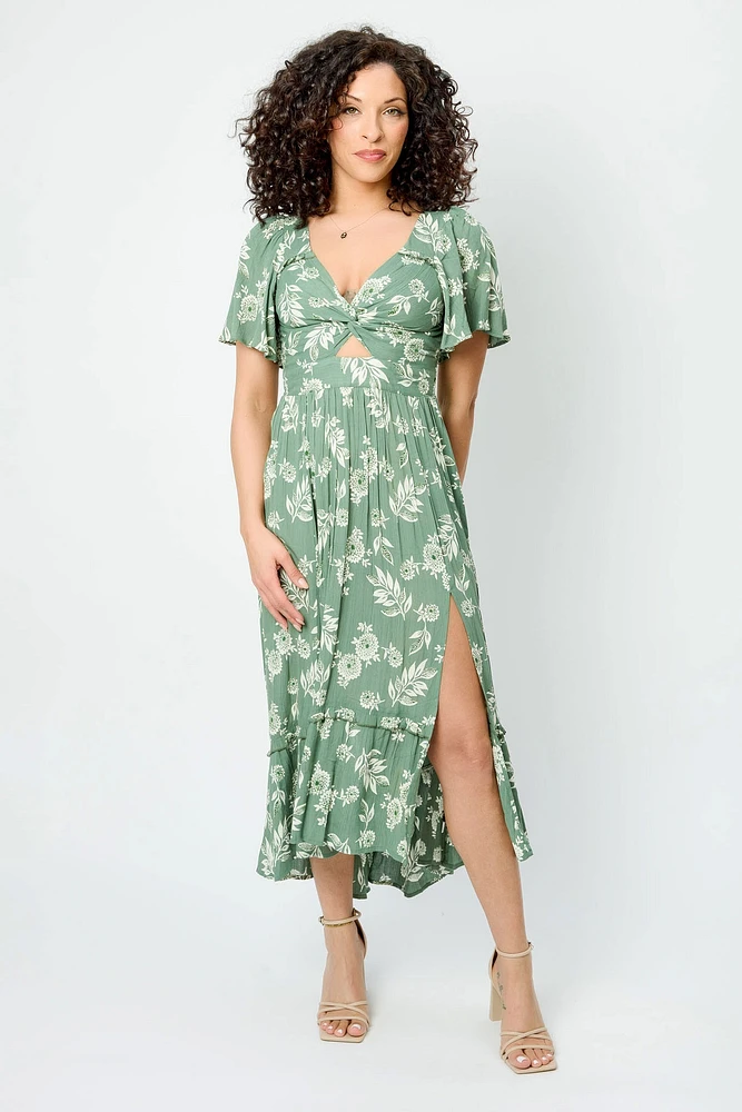 Floral Knotted V-Neck Bell Sleeve High-Low Maxi Dress with Cut-Out