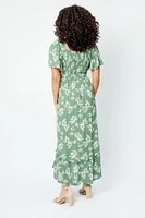 Floral Knotted V-Neck Bell Sleeve High-Low Maxi Dress with Cut-Out