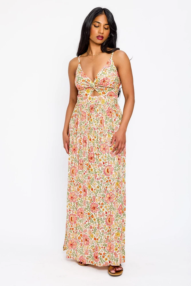 Floral Spaghetti Strap V-Neck Maxi Dress with Cut-Out