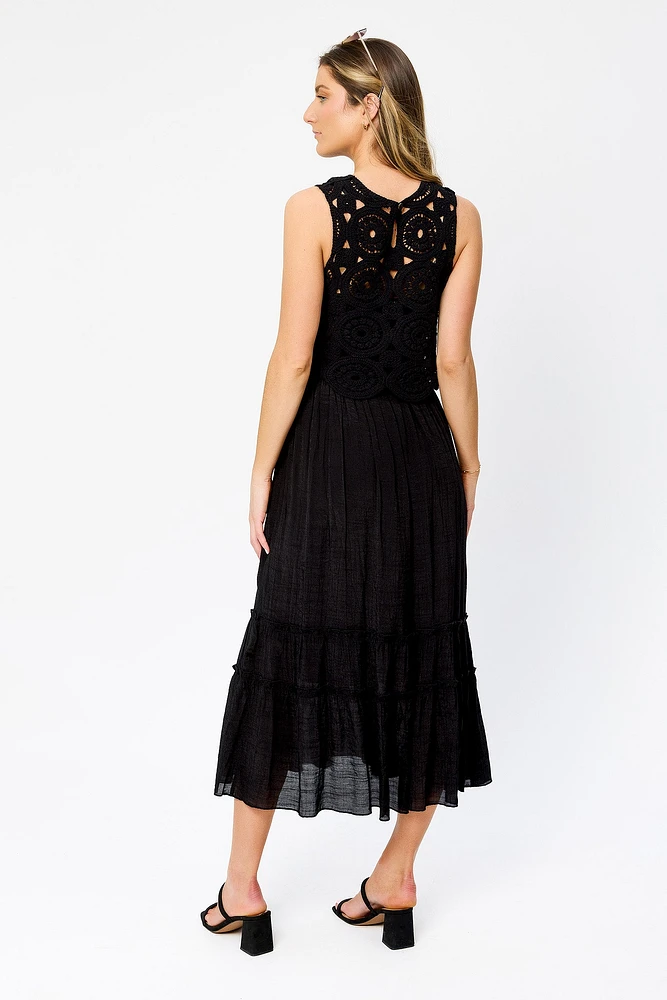 Gauze Sleeveless Crew-Neck Maxi Dress with Crochet Shell