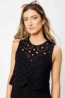 Gauze Sleeveless Crew-Neck Maxi Dress with Crochet Shell