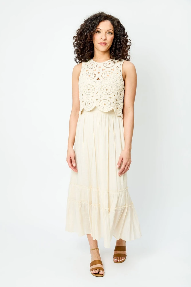 Gauze Sleeveless Crew-Neck Maxi Dress with Crochet Shell