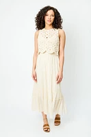 Gauze Sleeveless Crew-Neck Maxi Dress with Crochet Shell