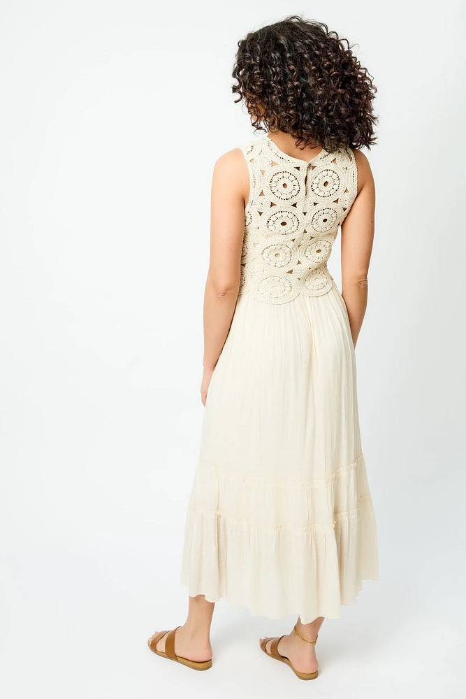 Gauze Sleeveless Crew-Neck Maxi Dress with Crochet Shell