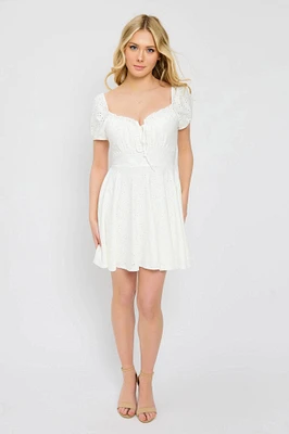 Eyelet Puff-Sleeve Skater Dress