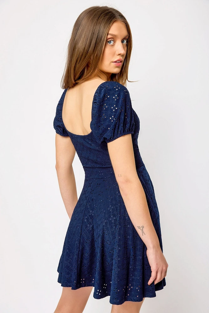 Eyelet Puff-Sleeve Skater Dress