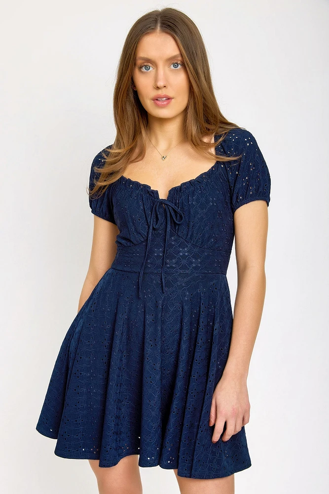 Eyelet Puff-Sleeve Skater Dress