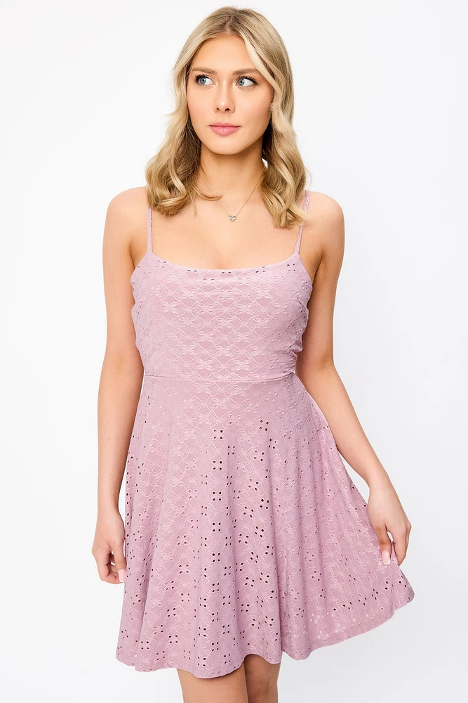 Eyelet Spaghetti Strap Scoop-Neck Skater Dress with Open Back