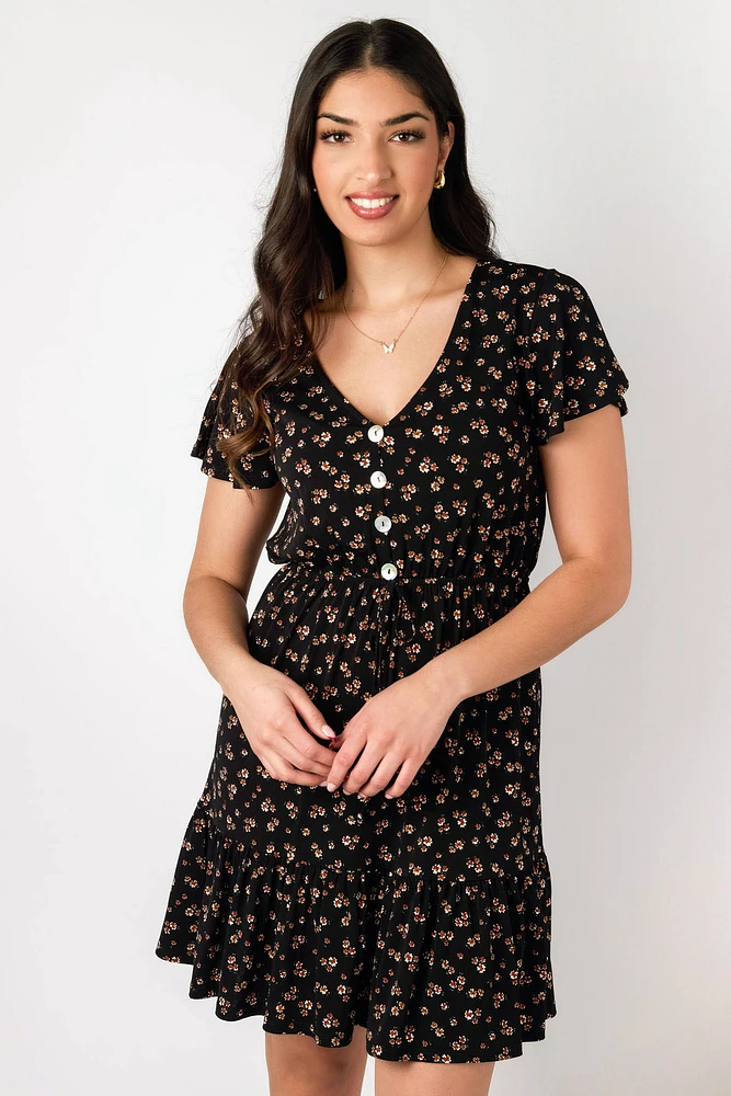 Ditsy Knit Crepe Flutter-Sleeve Dress