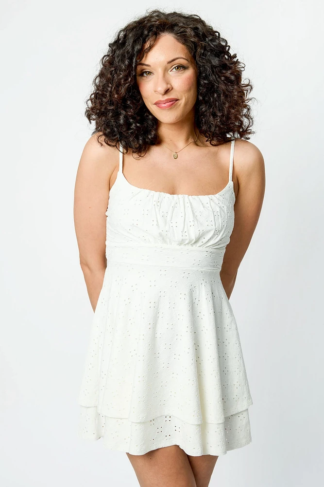 Eyelet Spaghetti Strap Scoop-Neck Dress with Tie-Back