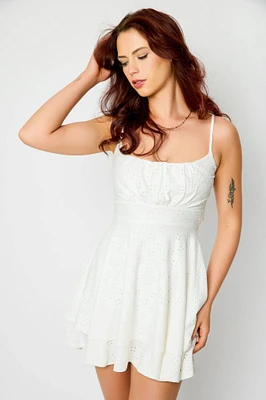 Eyelet Spaghetti Strap Scoop-Neck Dress with Tie-Back