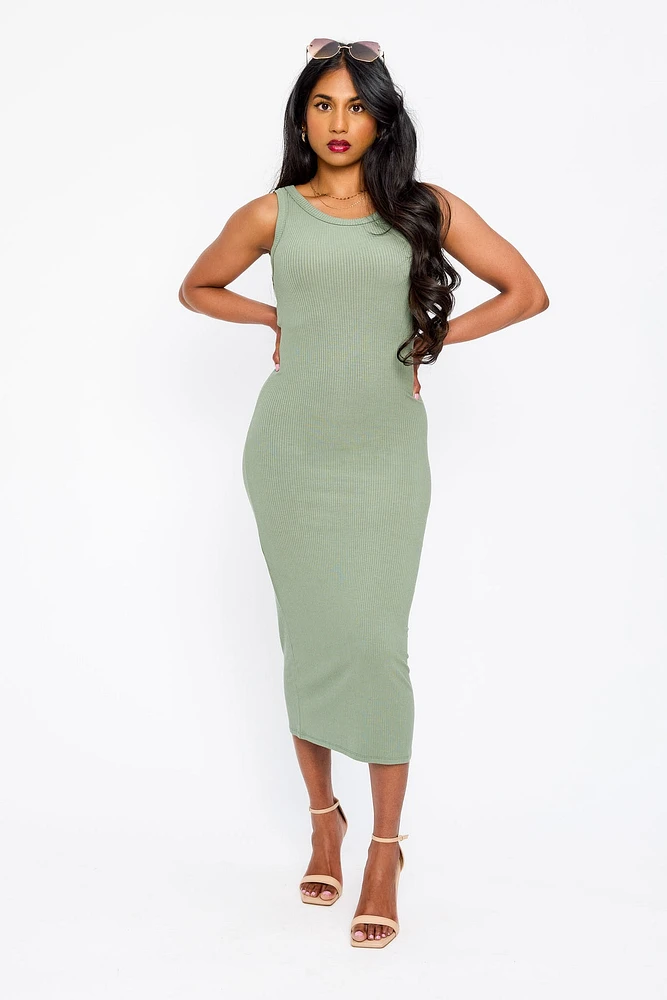 Ribbed Sleeveless Crew-Neck Midi Tank Dress