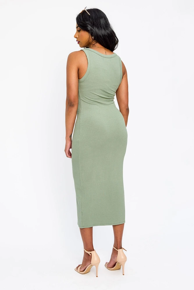 Ribbed Sleeveless Crew-Neck Midi Tank Dress