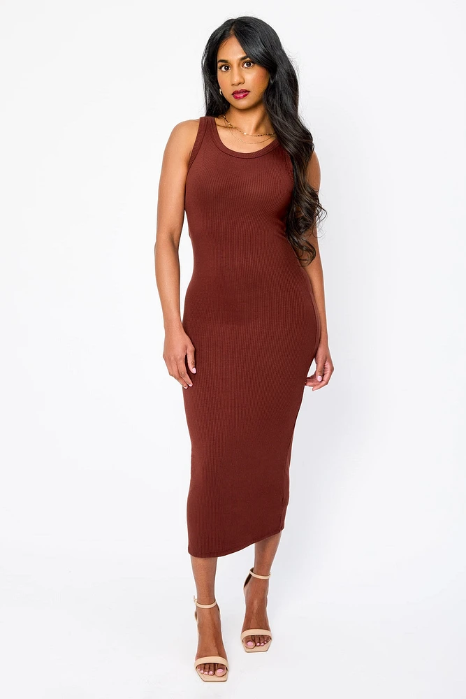Ribbed Sleeveless Crew-Neck Midi Tank Dress