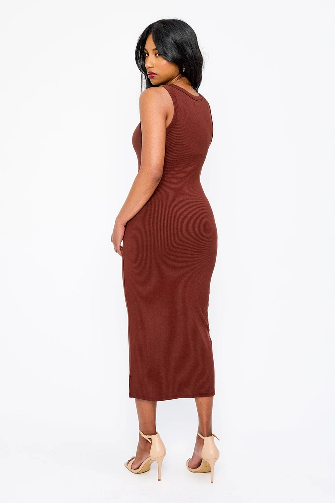 Ribbed Sleeveless Crew-Neck Midi Tank Dress