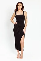 Ribbed Square-Neck Maxi Dress with Side Slit