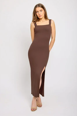 Ribbed Square-Neck Maxi Dress with Side Slit