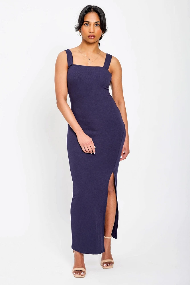 Ribbed Square-Neck Maxi Dress with Side Slit