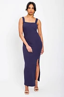 Ribbed Square-Neck Maxi Dress with Side Slit