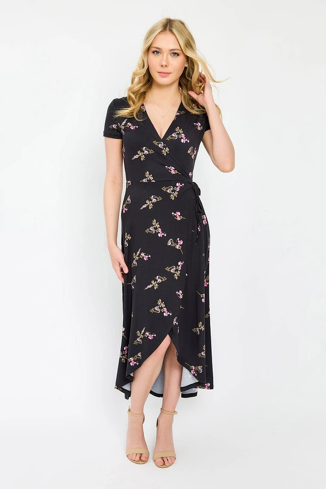 Floral Cap-Sleeve Crossover High-Low Dress