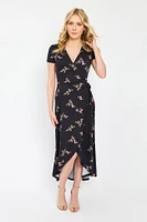 Floral Cap-Sleeve Crossover High-Low Dress