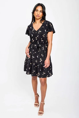 Daisy-Print Flutter-Sleeve V-Neck Dress
