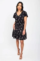 Daisy-Print Flutter-Sleeve V-Neck Dress