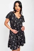 Daisy-Print Flutter-Sleeve V-Neck Dress