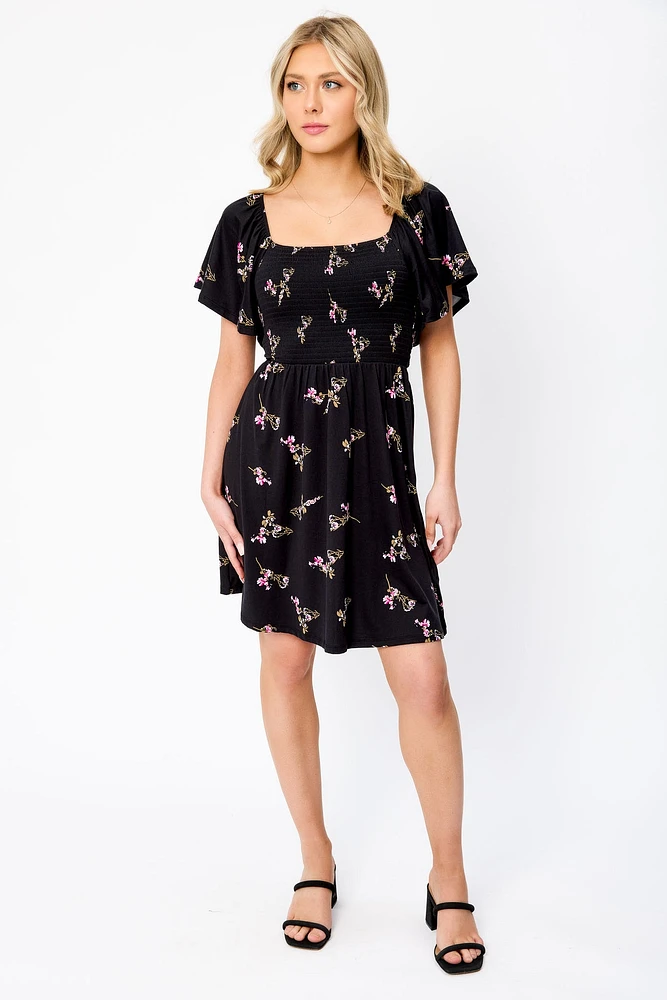 Small Floral Flounce Sleeve Square-Neck Dress with Smocked Top and Open Back
