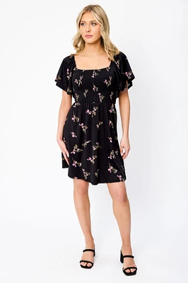 Small Floral Flounce Sleeve Square-Neck Dress with Smocked Top and Open Back