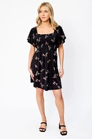 Small Floral Flounce Sleeve Square-Neck Dress with Smocked Top and Open Back