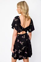 Small Floral Flounce Sleeve Square-Neck Dress with Smocked Top and Open Back