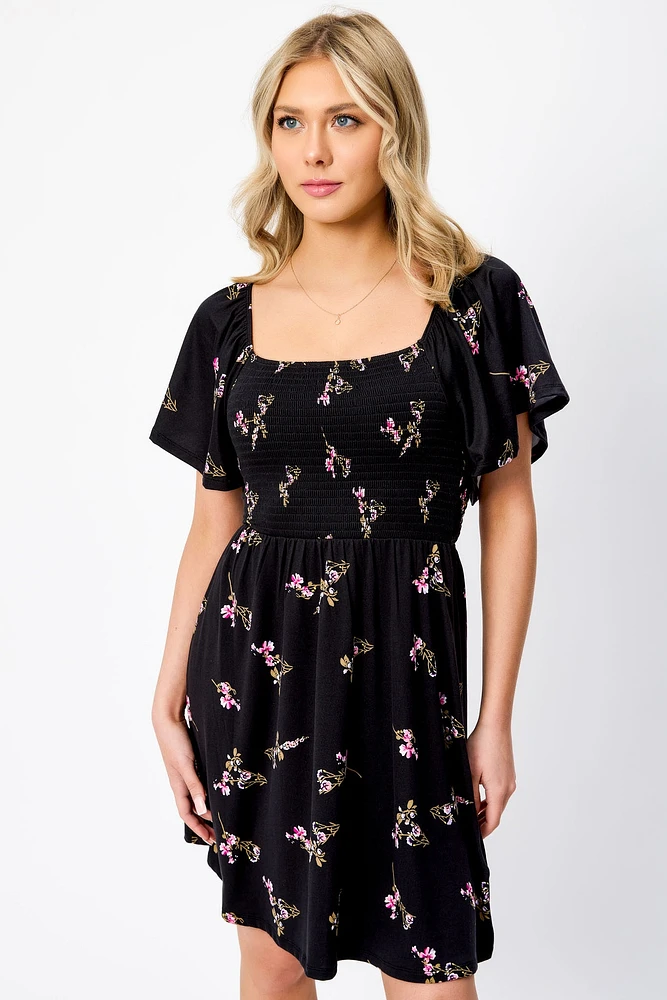 Small Floral Flounce Sleeve Square-Neck Dress with Smocked Top and Open Back