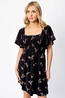 Small Floral Flounce Sleeve Square-Neck Dress with Smocked Top and Open Back