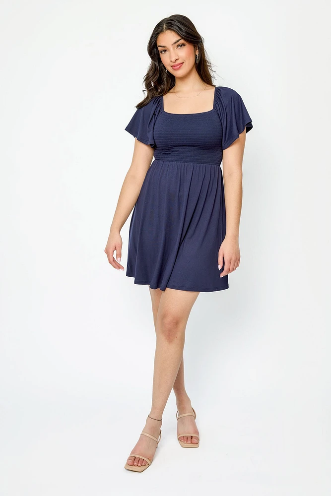 Flounce Sleeve Square-Neck Smocked Open-Back Dress